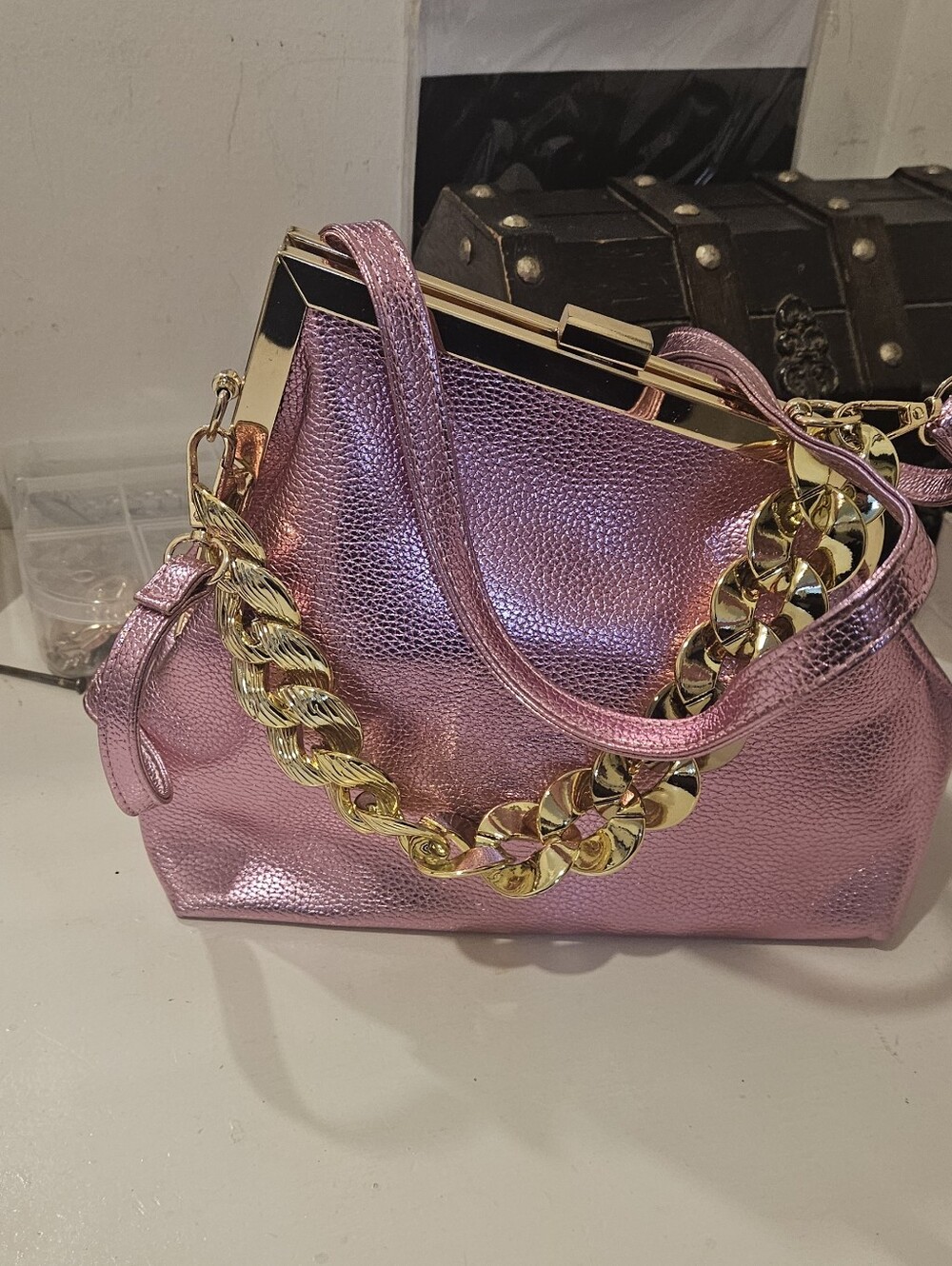 Metallic Pink Shoulder Bag with Gold Chain Accent